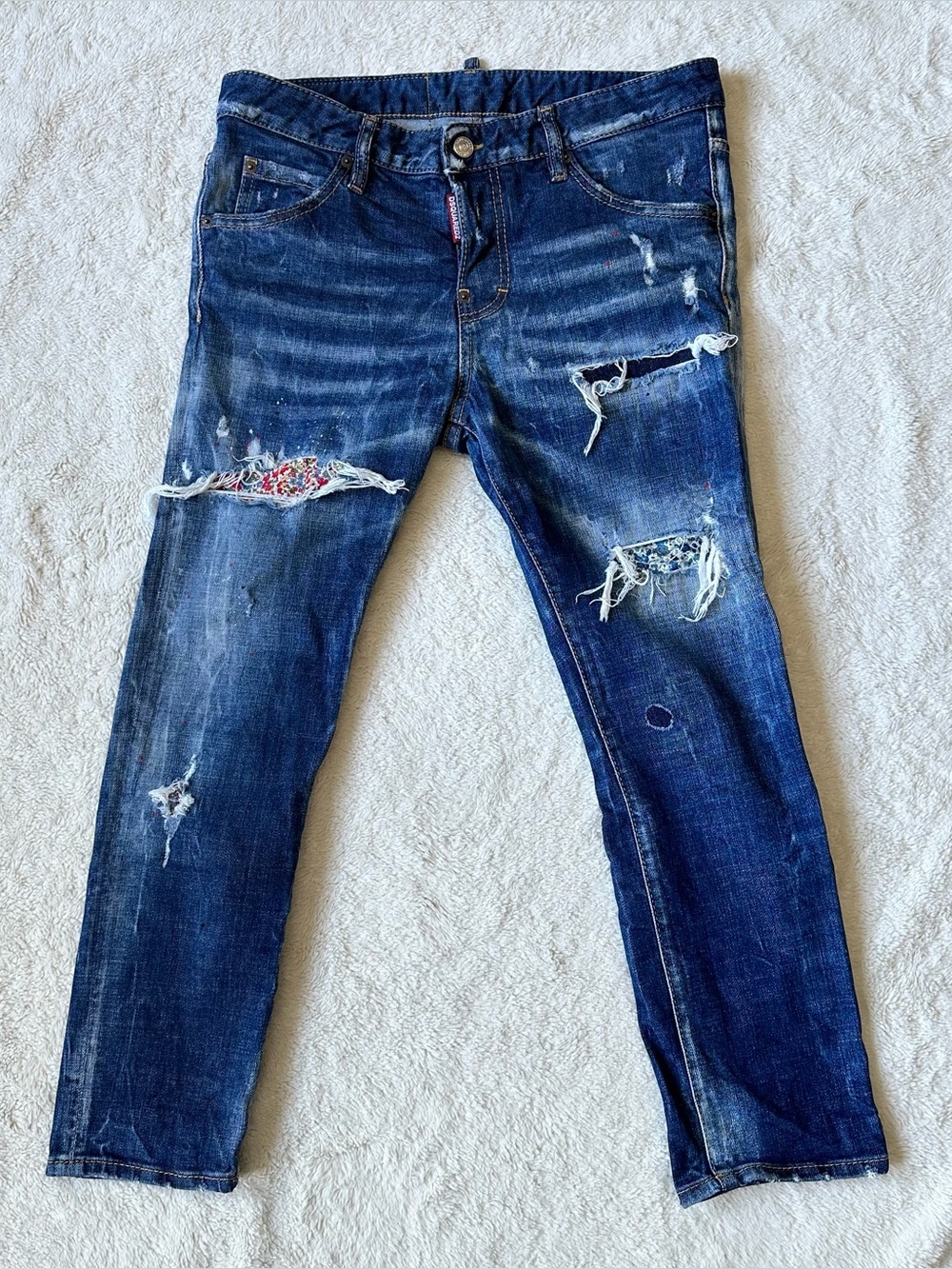 DSQUARED2 Jeans Men 40/31.5x24”Distressed Blue Whiskers Patches Button Fly Italy
